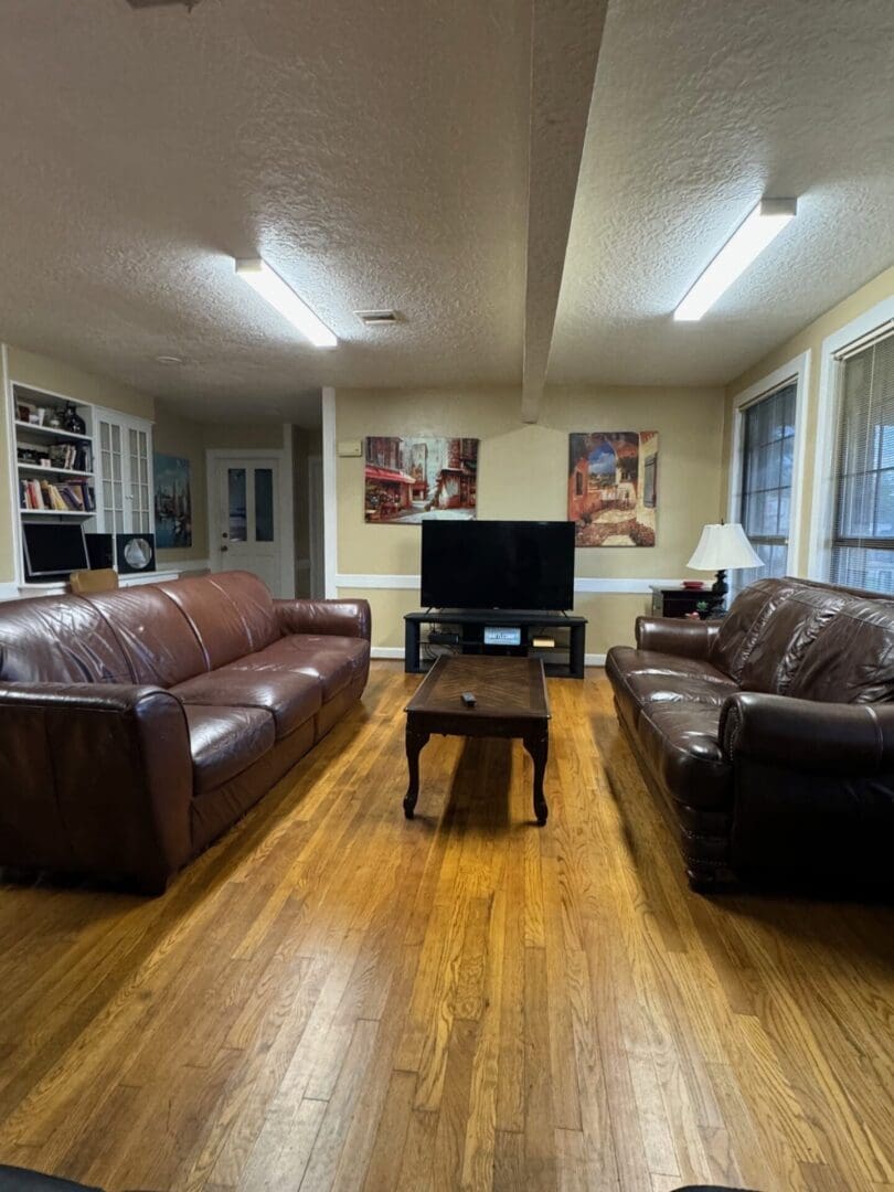 A living room with two couches and a television.